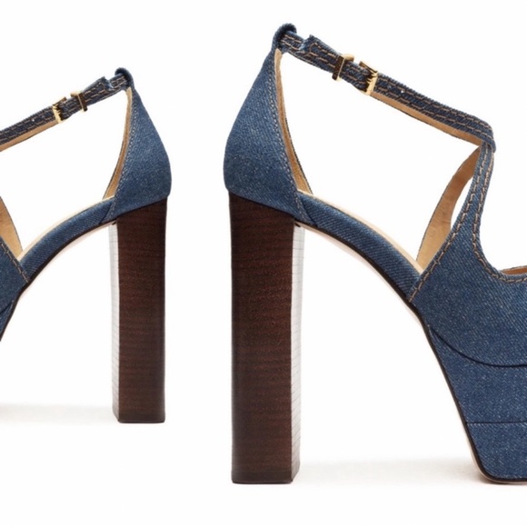 New! Schutz Latifah Denim Platform Block Heel Sandals in Blue - Picture 3 of 11